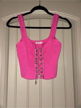 Bright Pink Lace-Up Ribbed Crop Top - MINKPINK